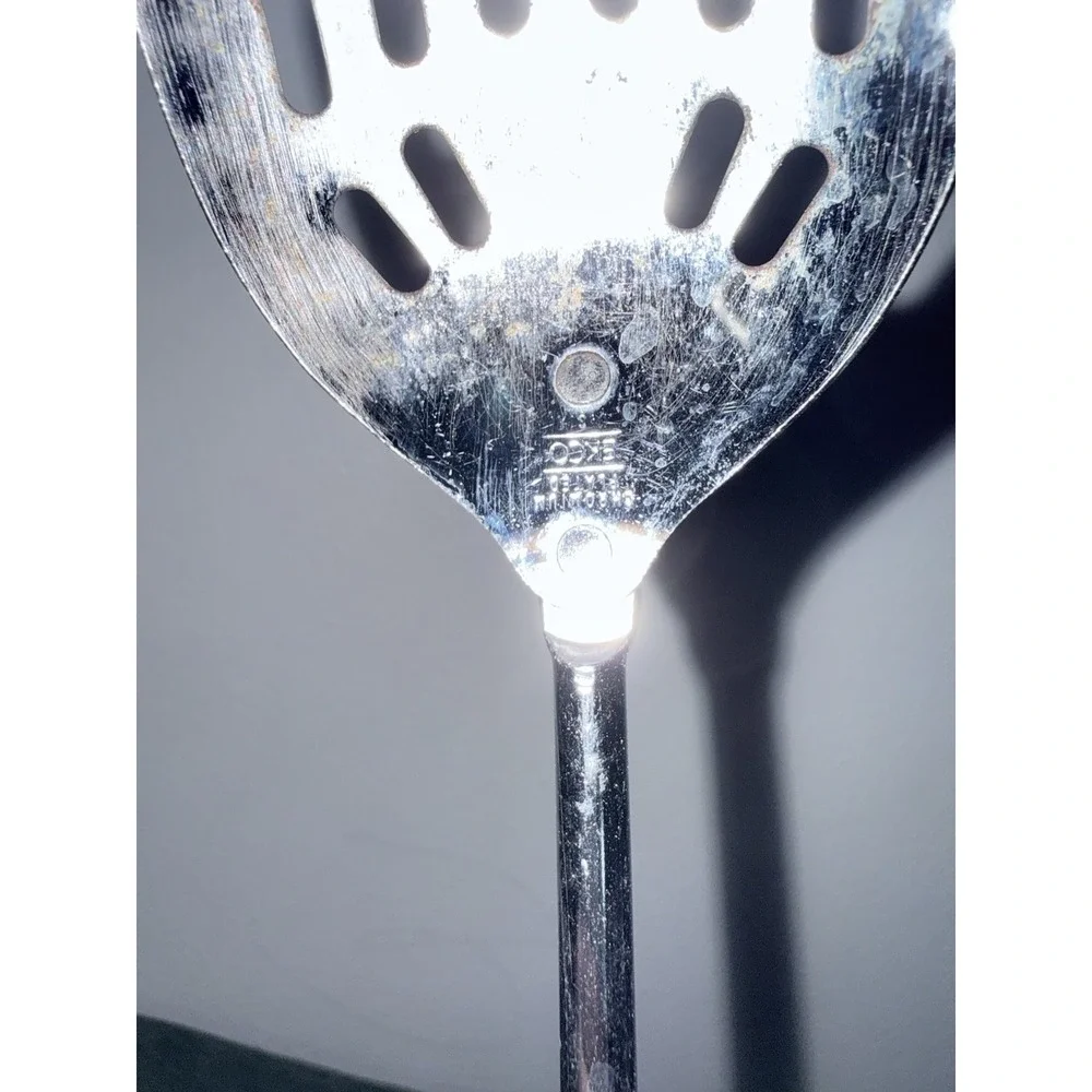 Vintage Ekco Slotted Serving Spoon Chrome Plated Black‎ Plastic Handle